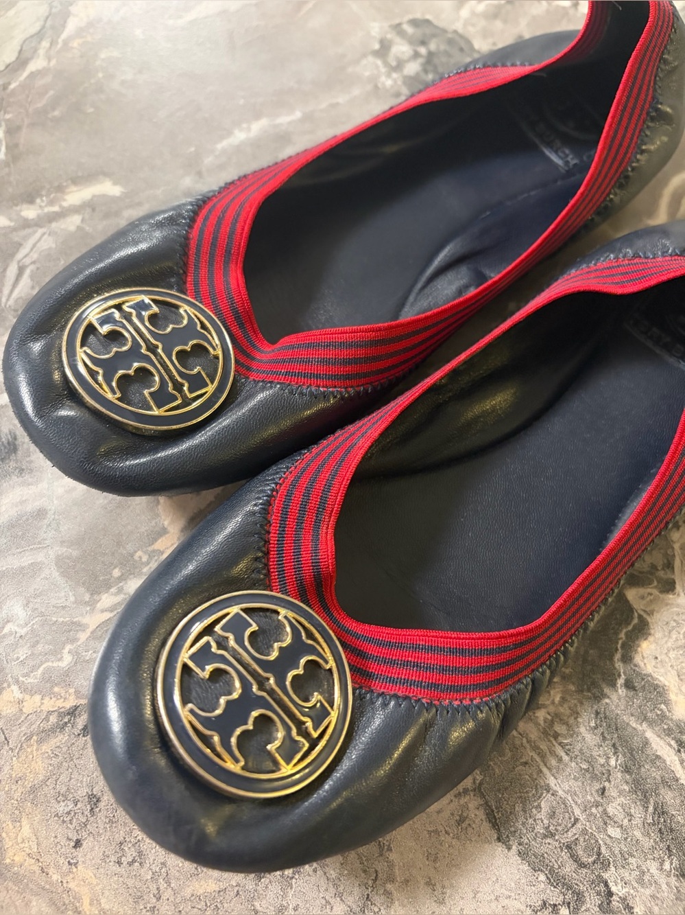 Tory Burch Blue Leather Ballet Flats with Red Trim and Gold Logo - Size 7